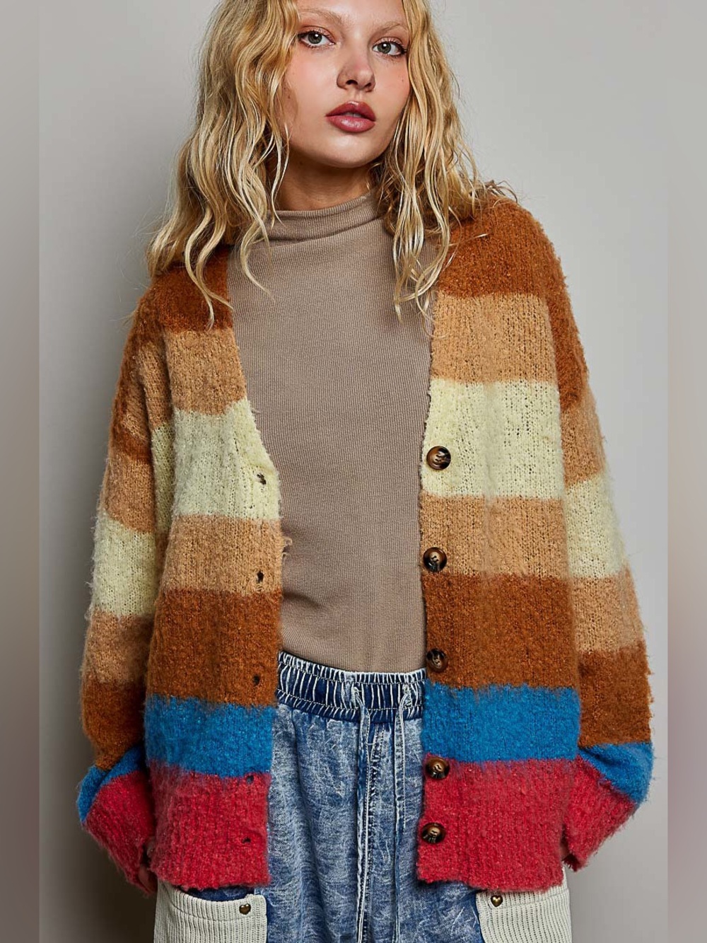 POL “ Malibu Sunset “ Striped Cardigan Sweater | Choco Multi - Picture 2 of 7